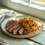 steak and pasta on rustic plate