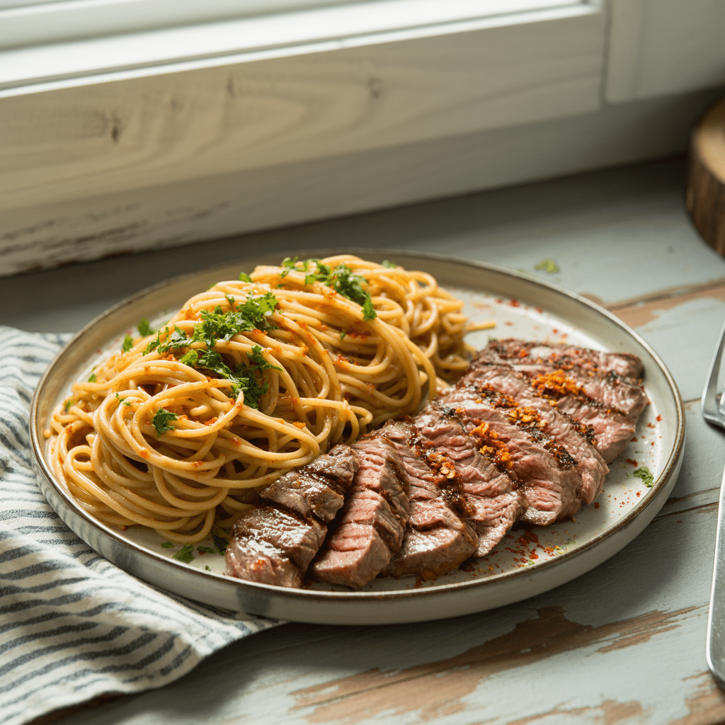 served steak and pasta