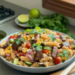 Steak and pasta salad served in a rustic plate