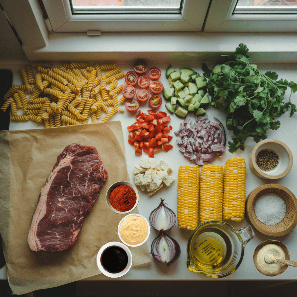 Ingredients for steak and pasta salad on table surface