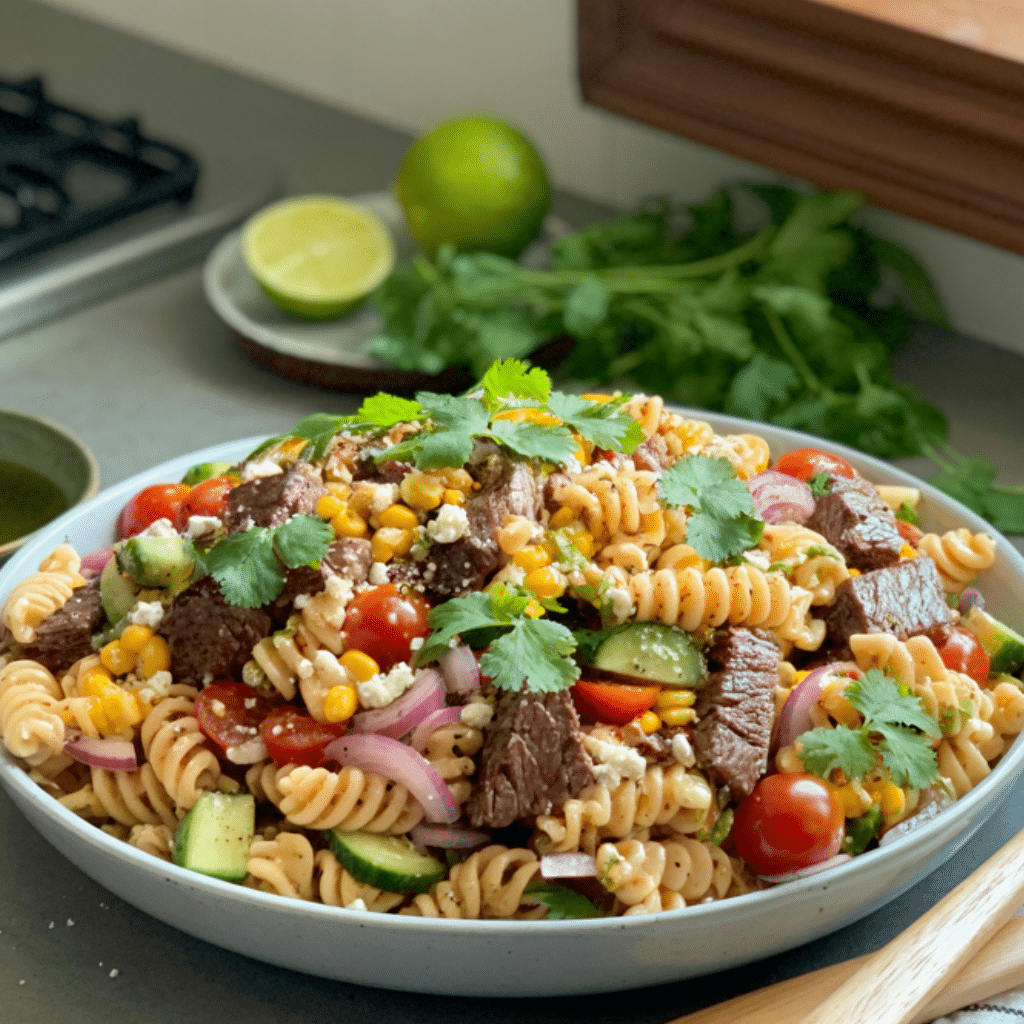 Steak and pasta salad served in a rustic plate