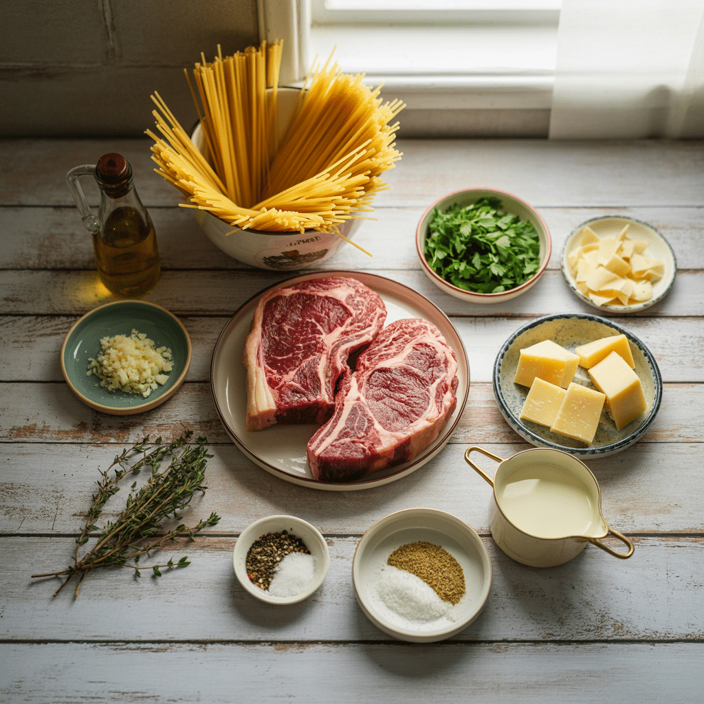 steak and pasta ingredients