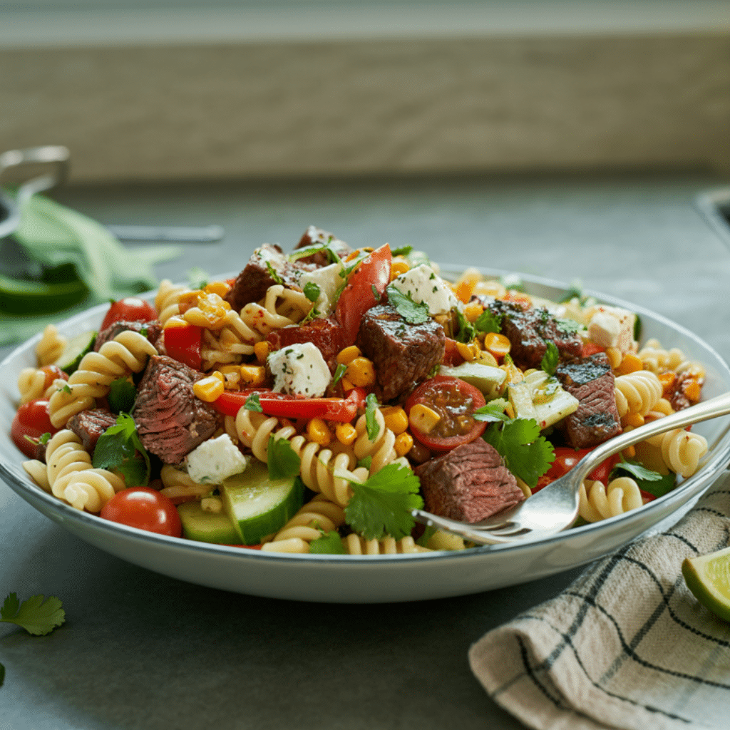 Steak and pasta salad served in a plate ceramic