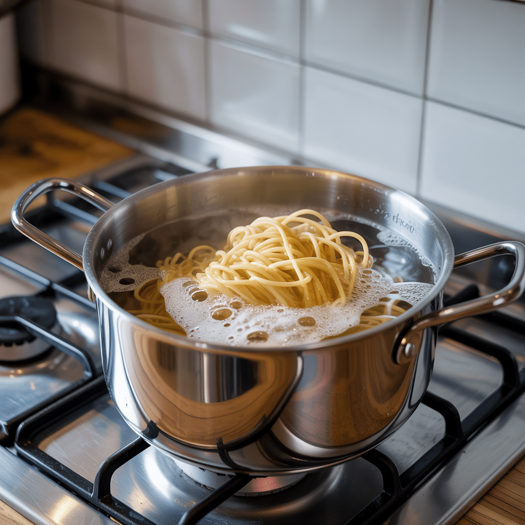spaghetti pasta boiling in a stainless steel pot