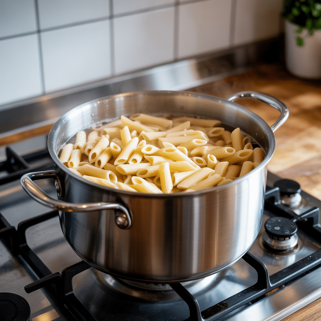 Penne pasta boiling in a stainless steel pot