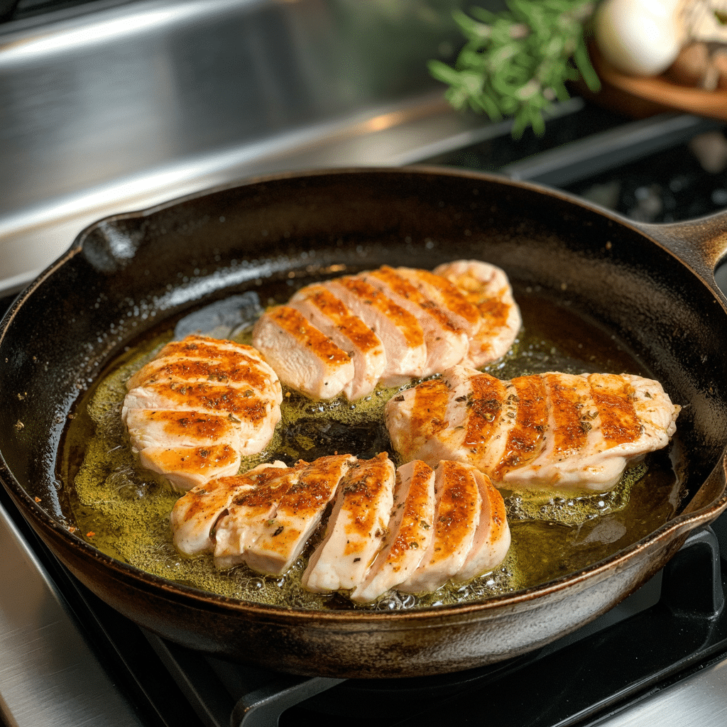 Sliced seasoned chicken searing in a hot skillet