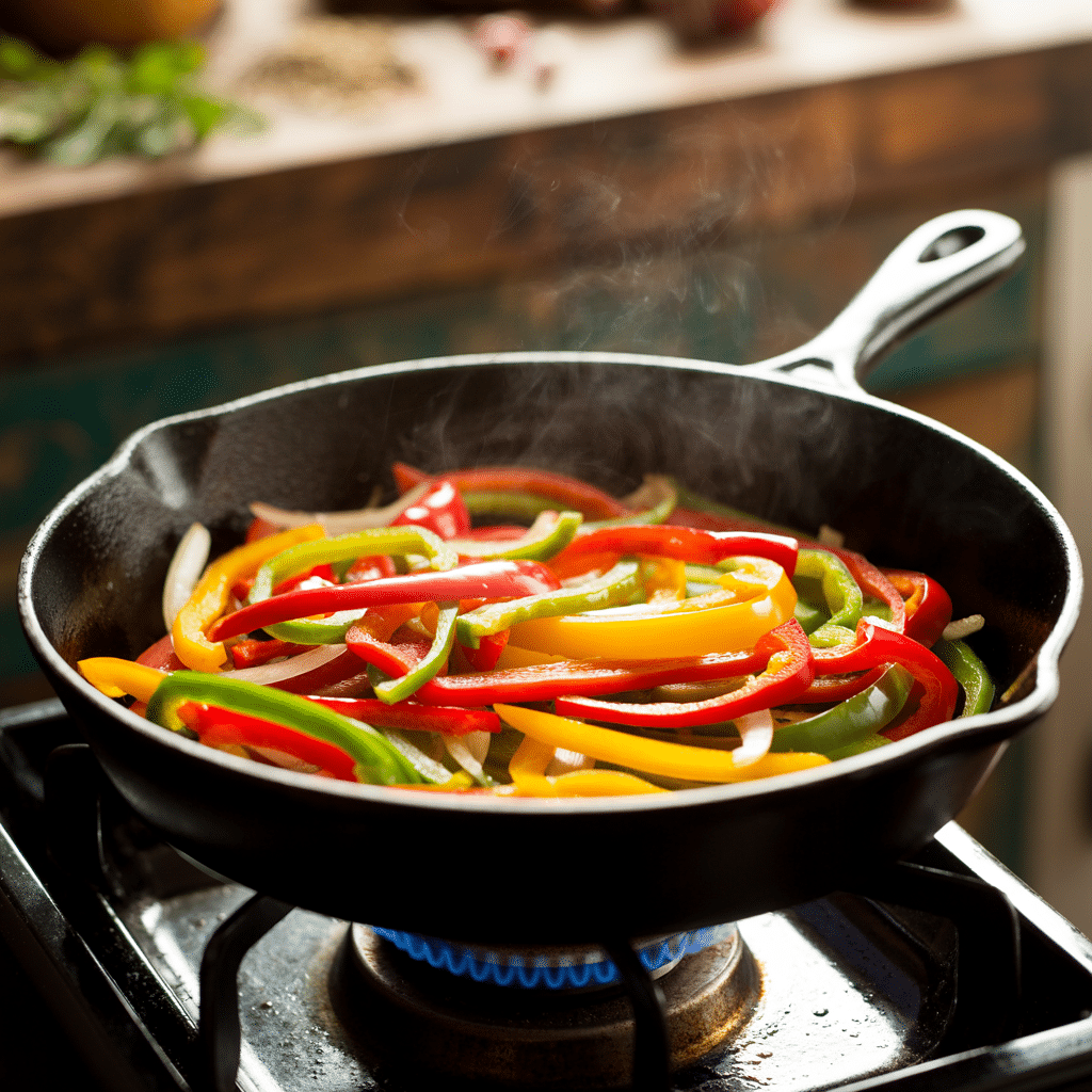 Bell peppers and onions cooking in skillet
