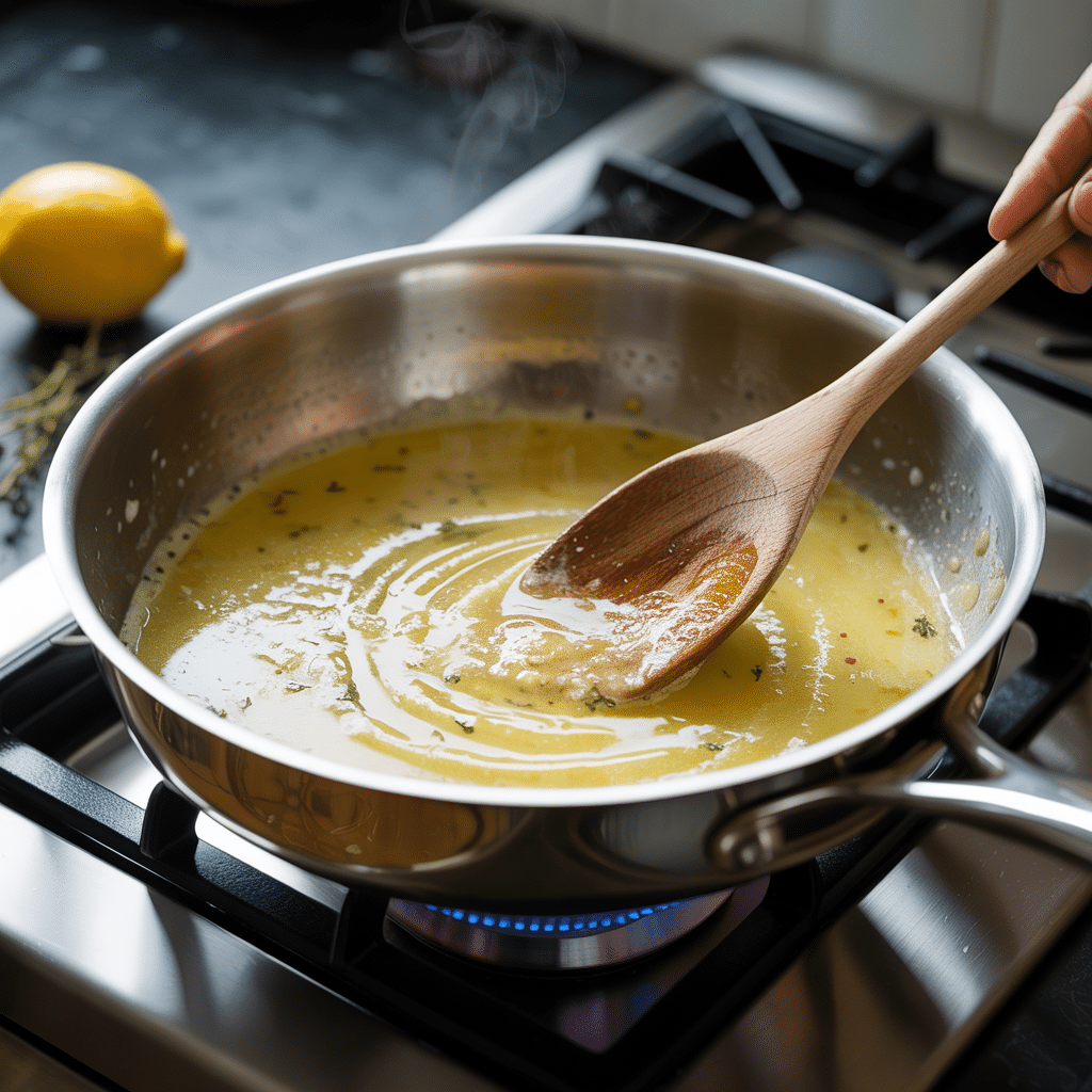 Creamy sauce being stirred in a pan with broth
