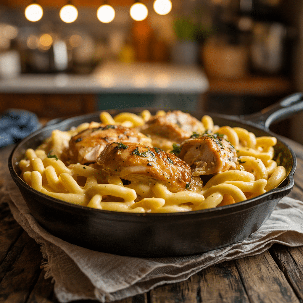 Pasta, chicken, and cheese mixed in a skillet