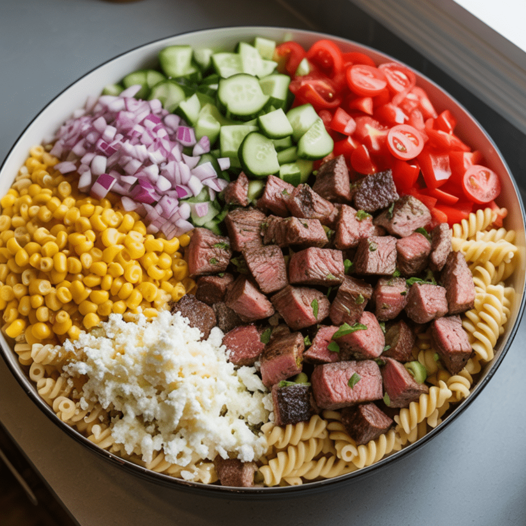 tossing steak and pasta salad