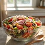 Vegan pasta salad in a rustic white bowl