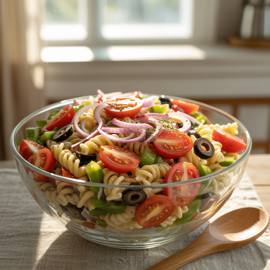 Vegan pasta salad in a rustic white bowl