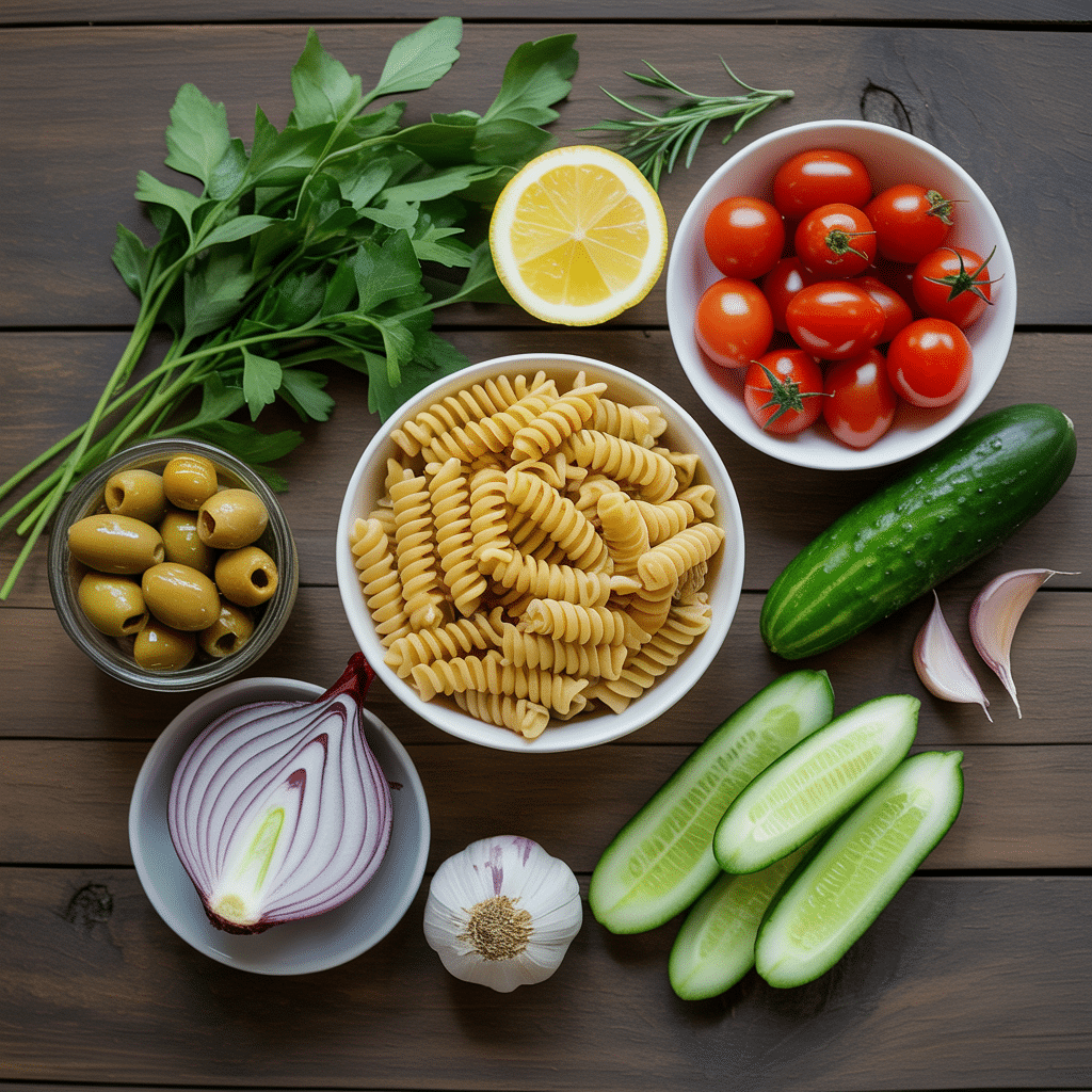 Ingredients for vegan pasta salad laid out on table