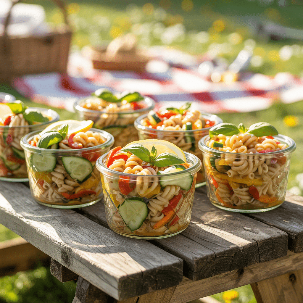 Vegan pasta salad served in glass bowl