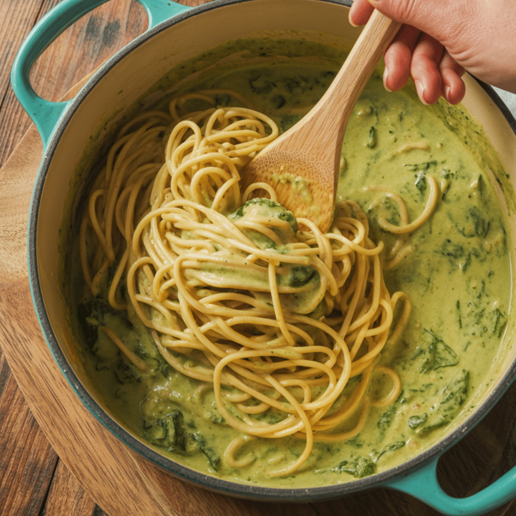 Hand stirring spaghetti into creamy green poblano sauce in a turquoise pot on a wooden table.