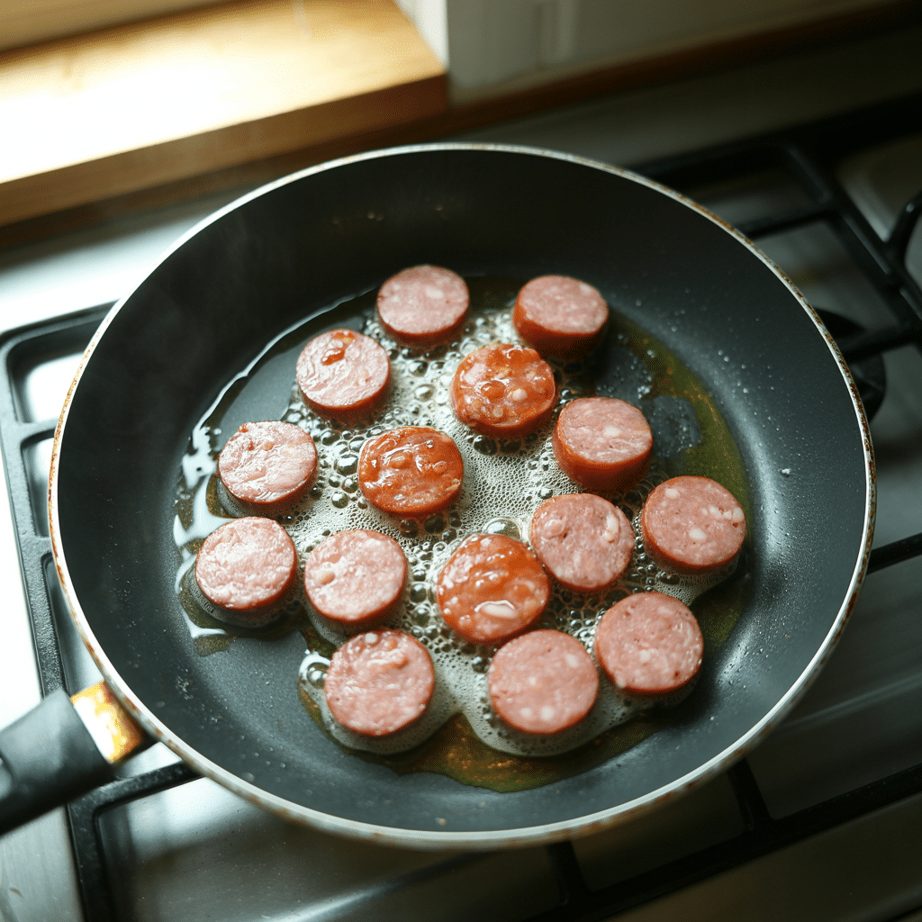 Browning sausage in pan