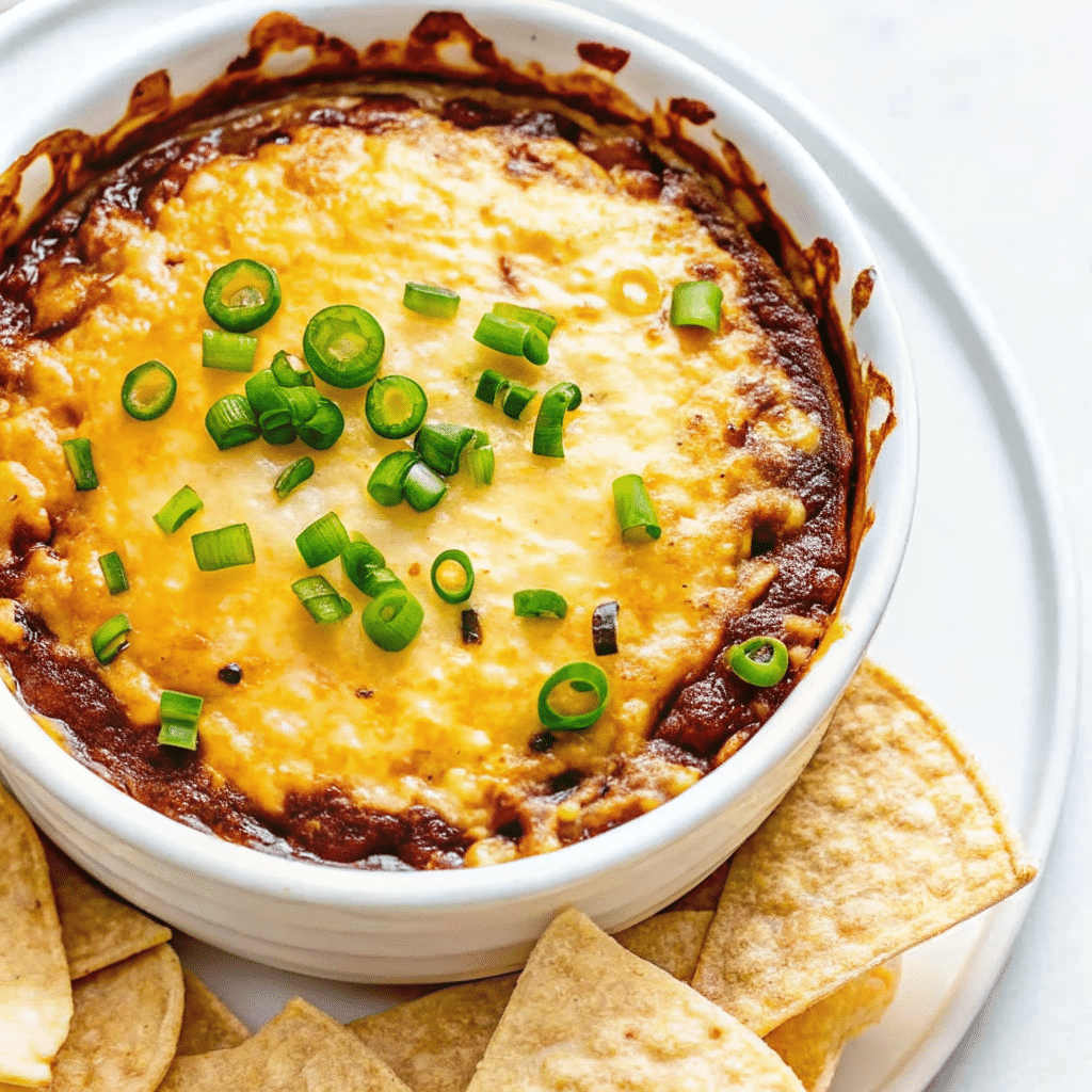 Hot chili cheese dip in cast iron skillet with chips