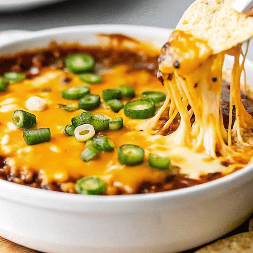 Served chili cheese dip with chips and jalapeños