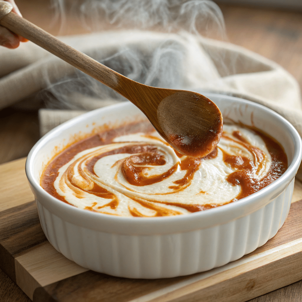 Melting chili and cream cheese in a white ceramic dish