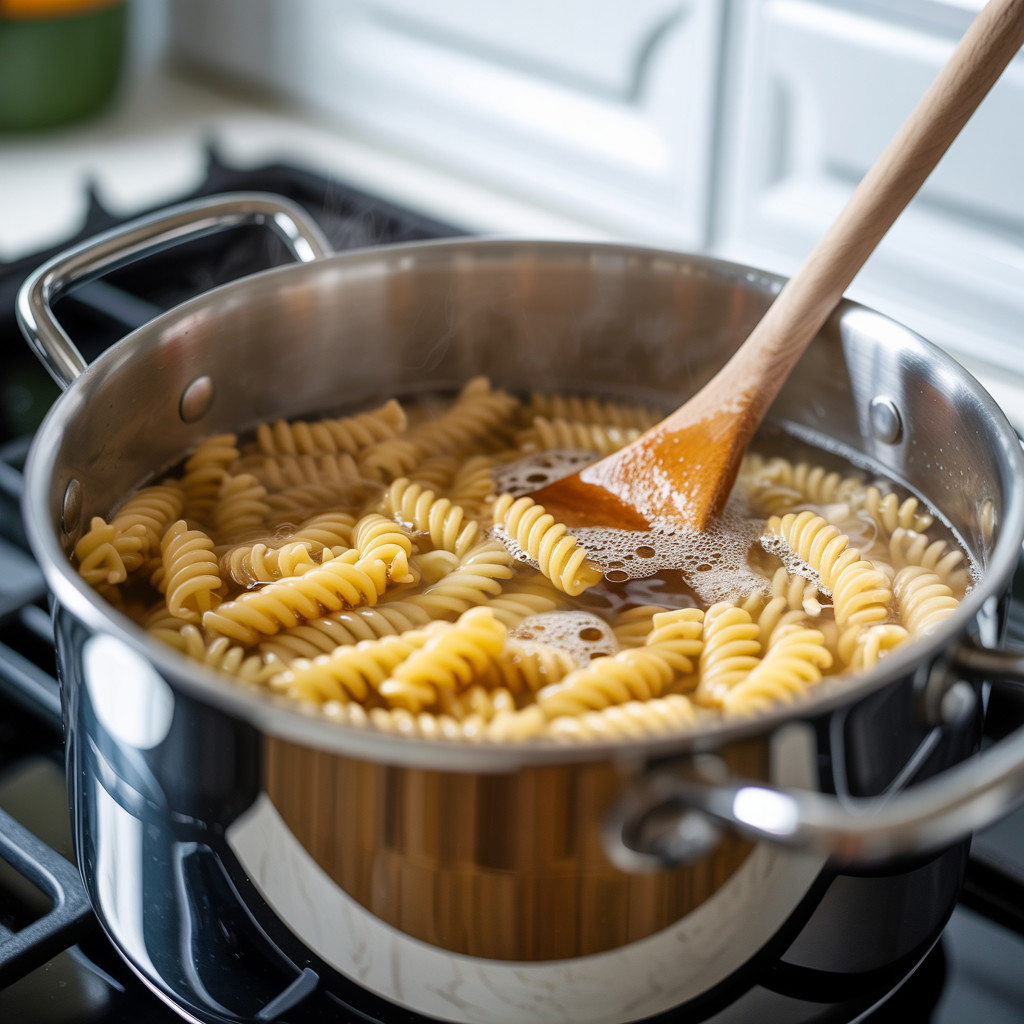 Boiling rotini pasta in pot