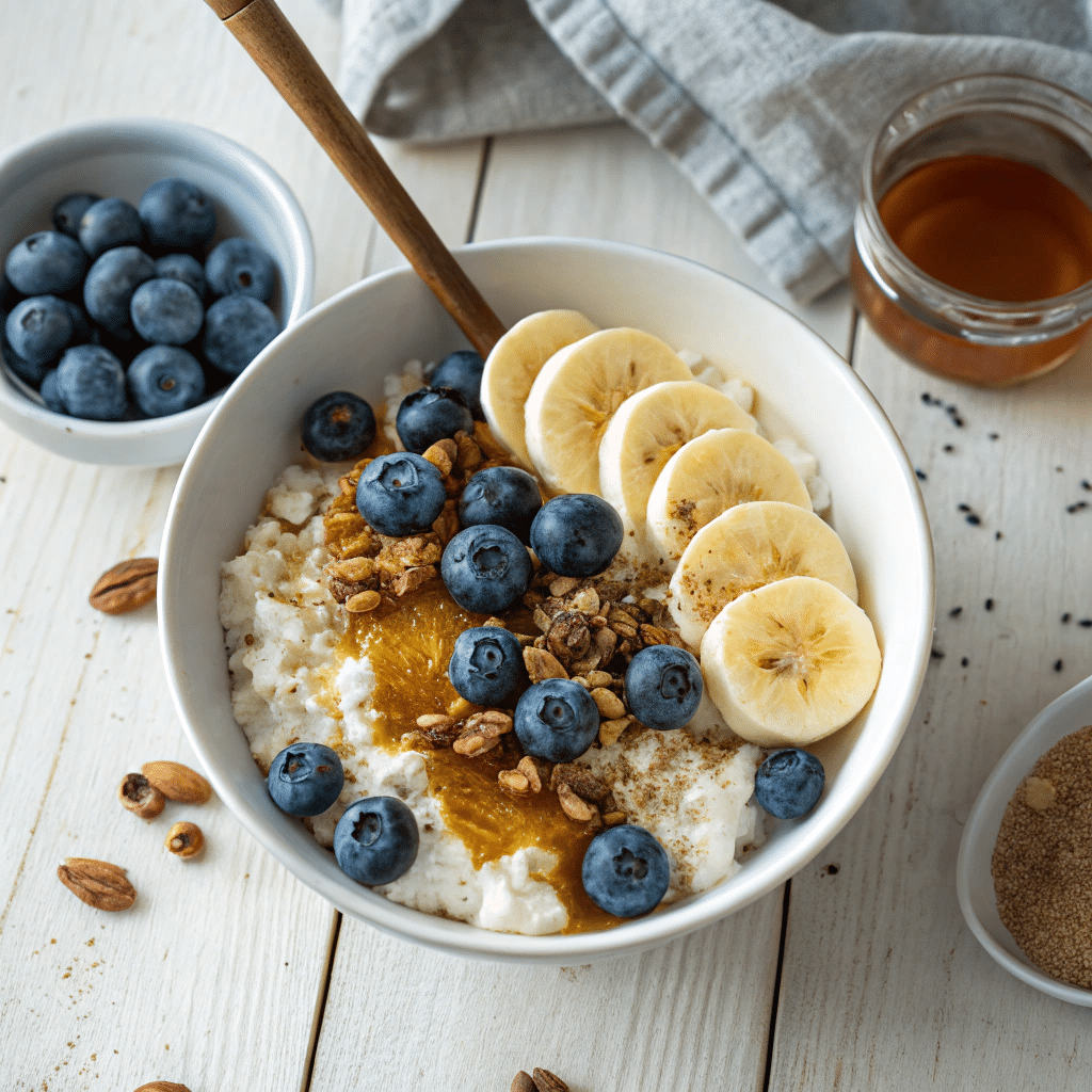 Cottage cheese bowl topped with banana slices, blueberries, and honey, with a wooden spoon and fresh ingredients around.