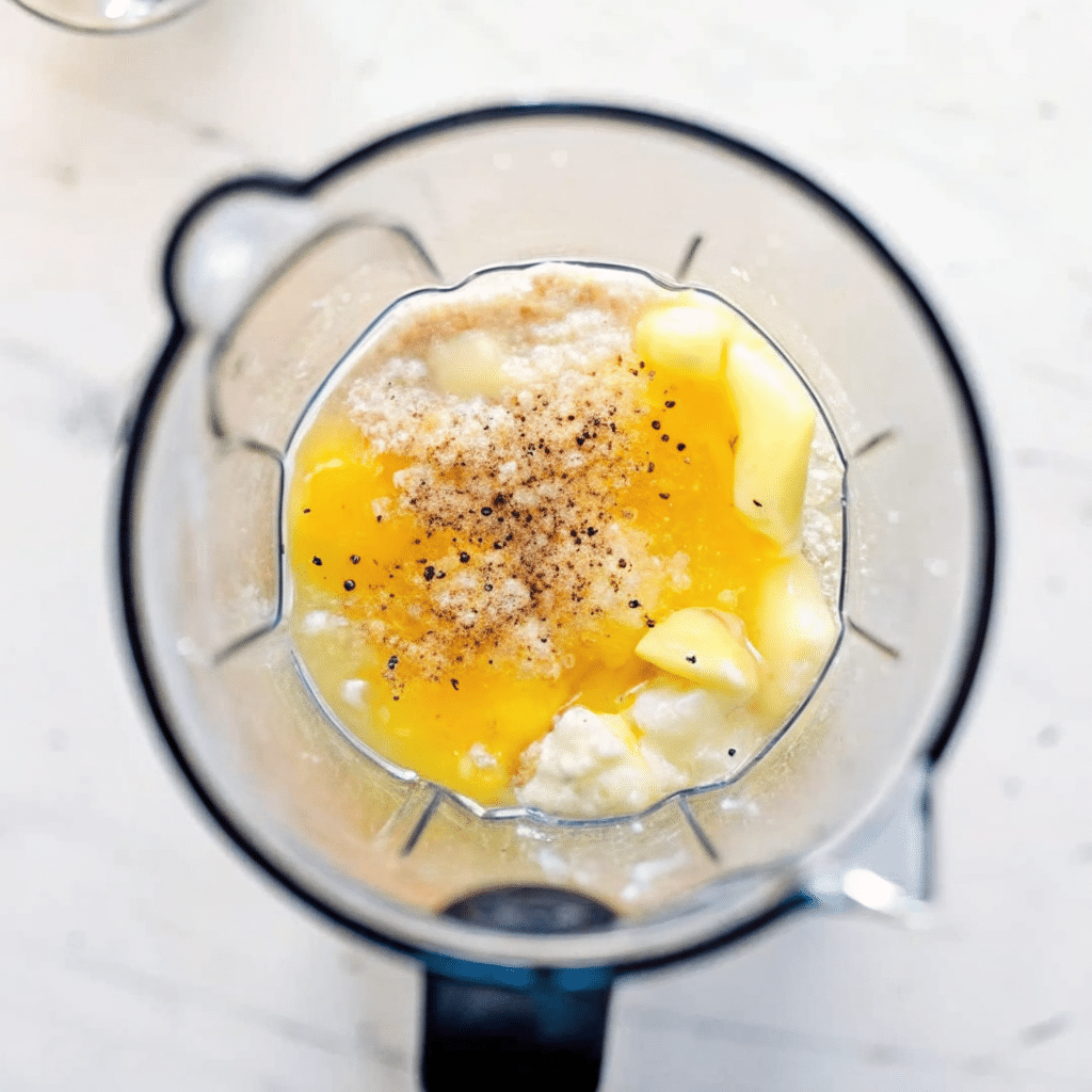 Top view of a blender filled with cottage cheese, eggs, butter, and seasonings for egg bites