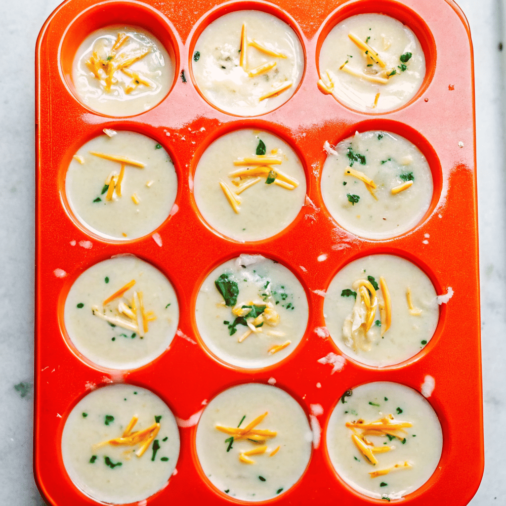 Silicone muffin tray filled with uncooked cottage cheese egg bite mixture topped with cheese and herbs