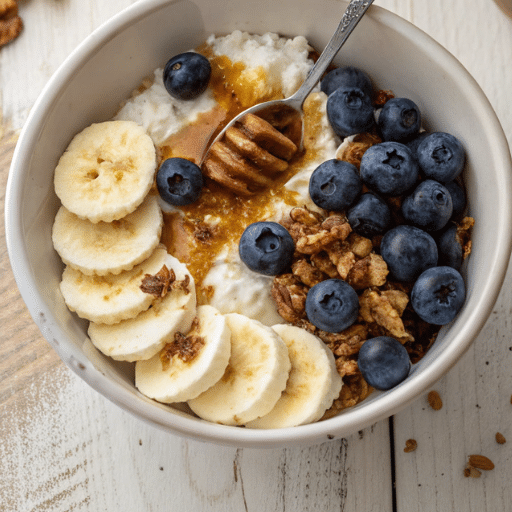 Bowl of cottage cheese topped with sliced bananas, blueberries and a drizzle of honey, with a honey dipper spoon.
