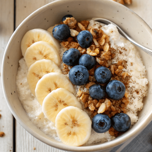 Bowl of cottage cheese topped with sliced banana, fresh blueberries, and cinnamon, served with a spoon on a striped napkin.