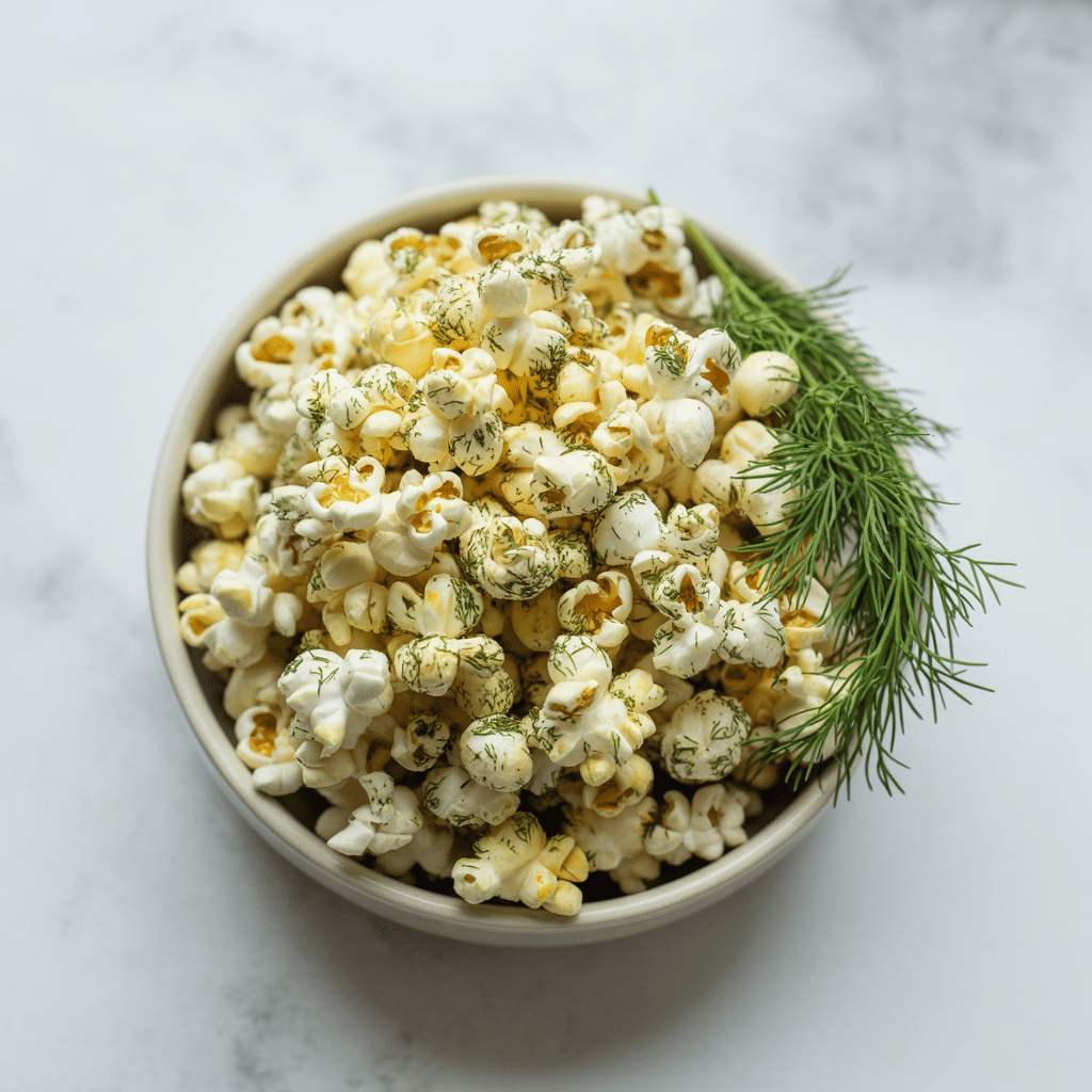 Bowl of dill pickle popcorn ready to eat