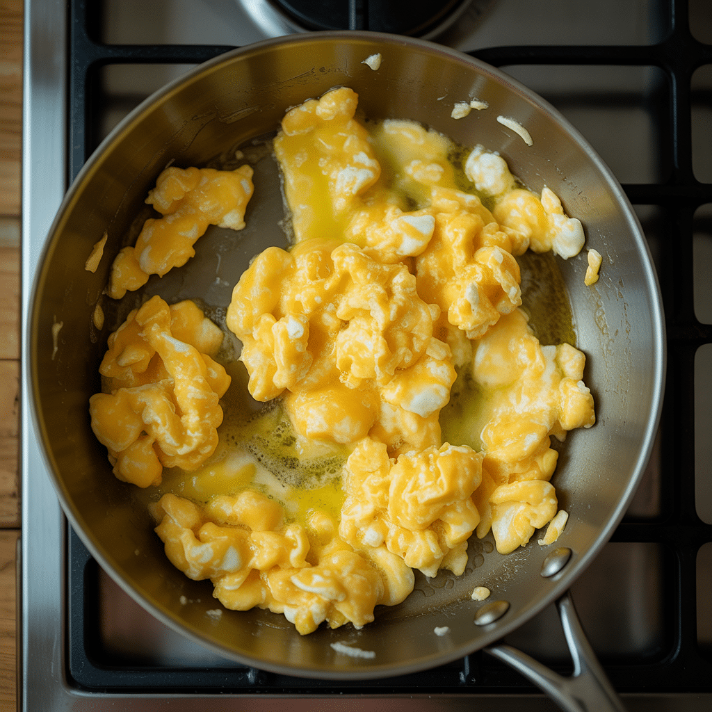 Fluffy scrambled eggs cooking in a stainless steel pan on stovetop