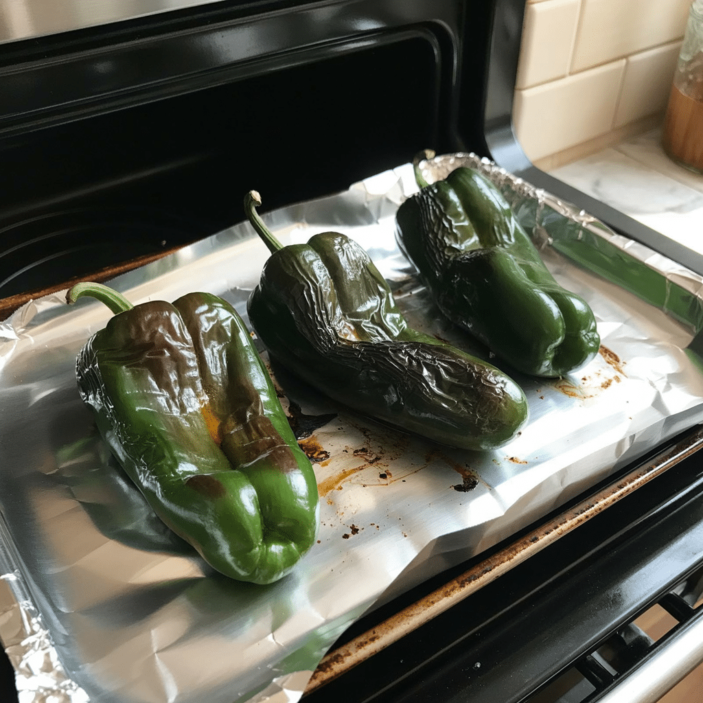 Roasting poblanos for green spaghetti recipe