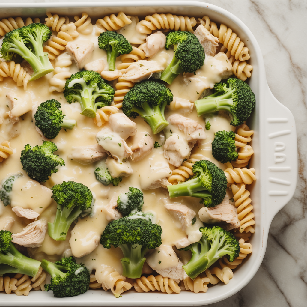 mixing chicken broccoli pasta casserole