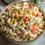 Pasta salad with smoked mozzarella in serving bowl