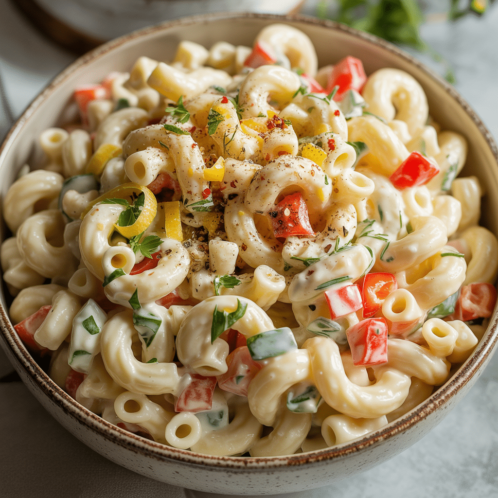 Pasta salad with smoked mozzarella in serving bowl