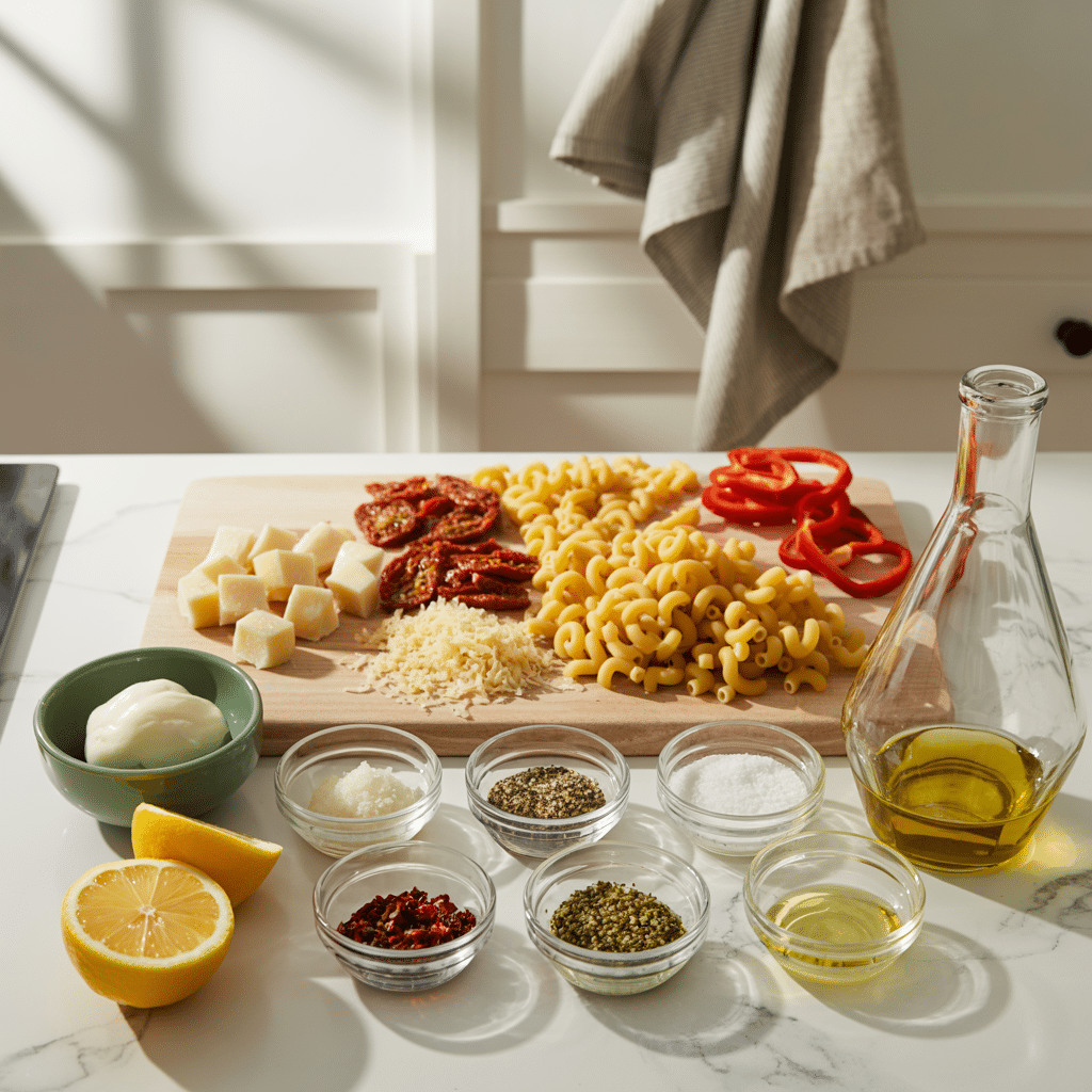 Ingredients for pasta salad with smoked mozzarella