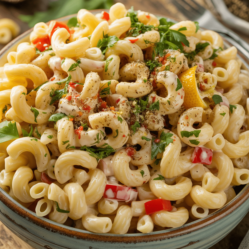 Served pasta salad with smoked mozzarella in bowl