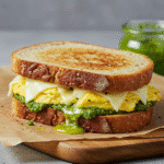 Pesto egg sandwich cut in half on rustic plate
