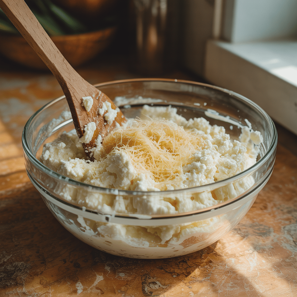 Bowl of ricotta and Parmesan cheese being mixed with a wooden spoon in natural kitchen light
