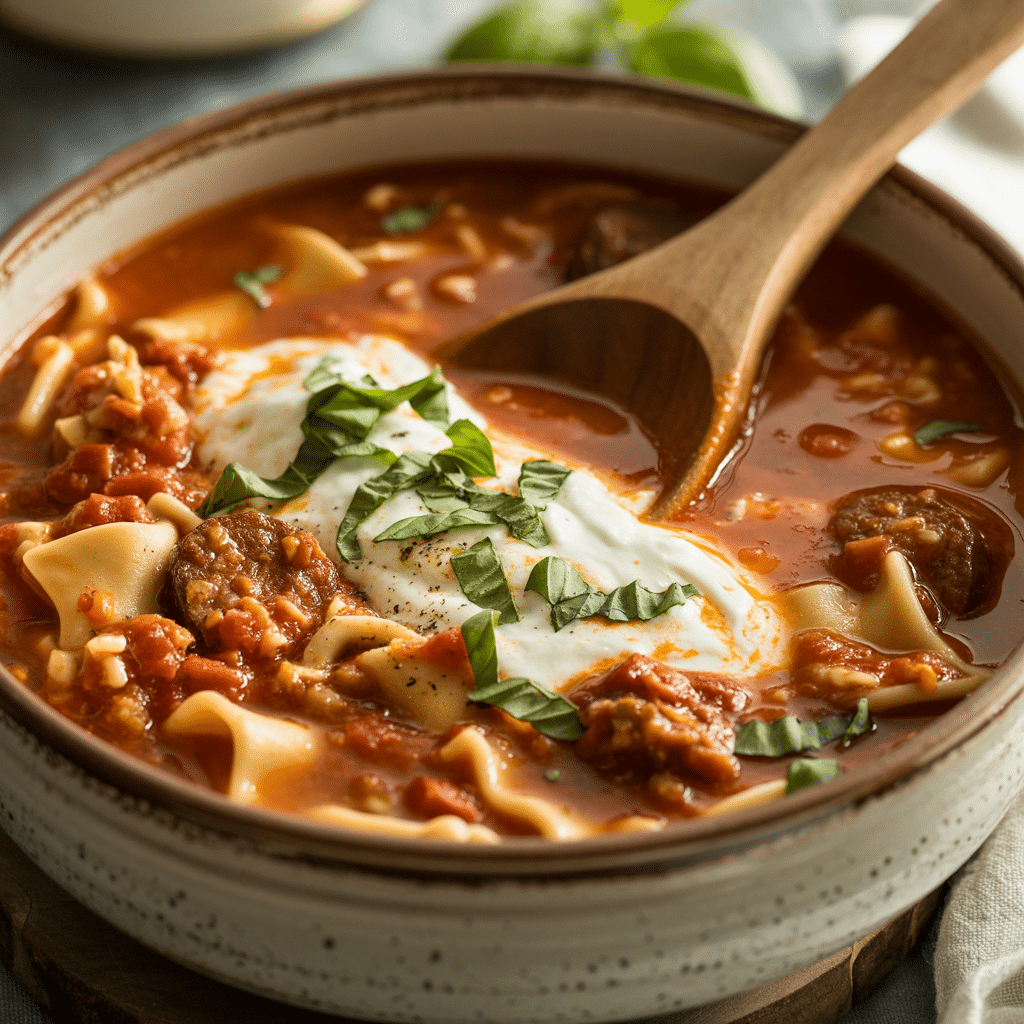 Served lasagna soup hot