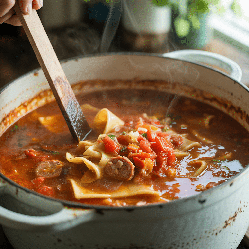 Simmering lasagna soup with noodles