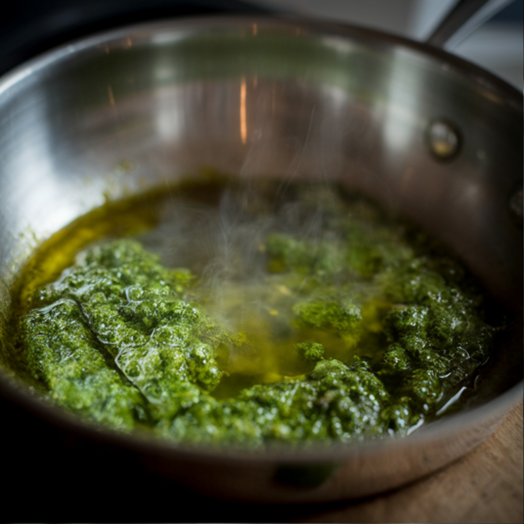 Pesto sauce sizzling in a stainless steel pan with olive oil.