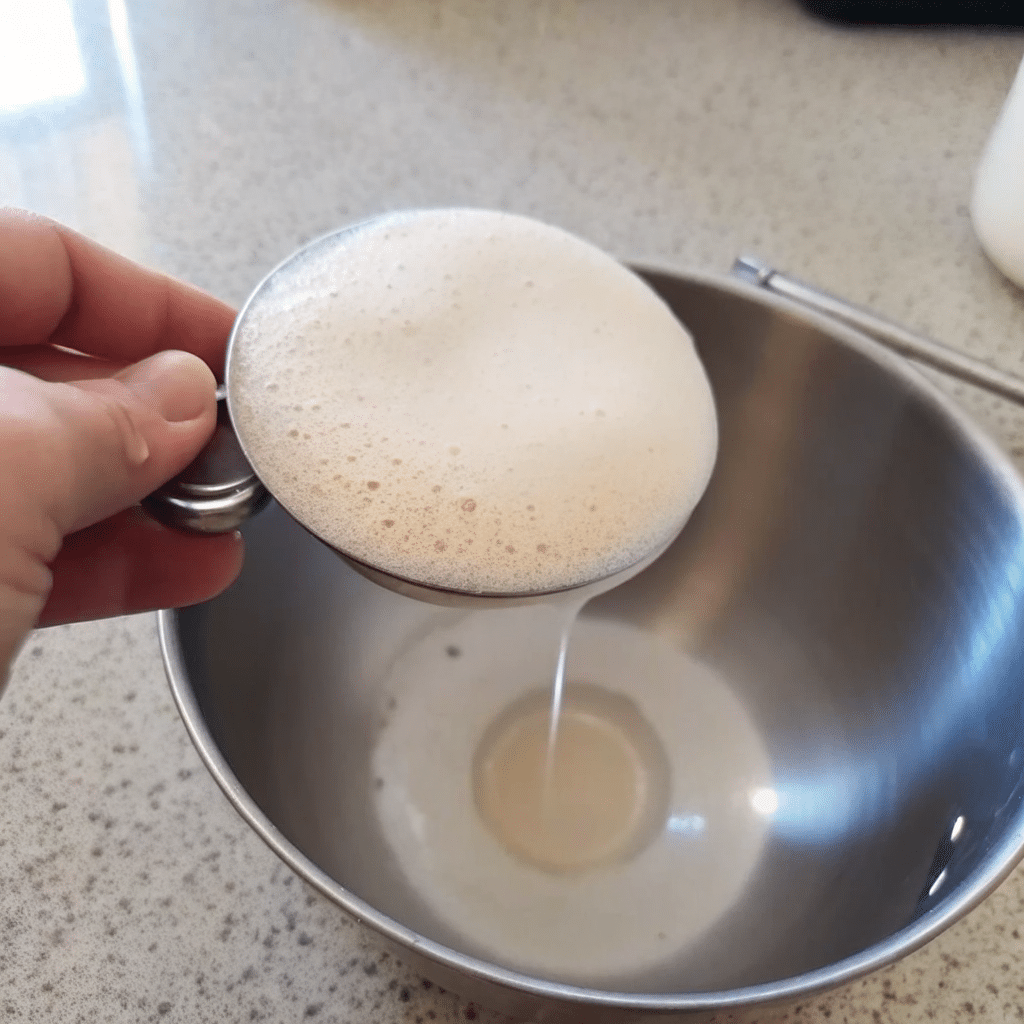 Foamy sourdough starter being poured from a measuring cup into a mixing bowl.