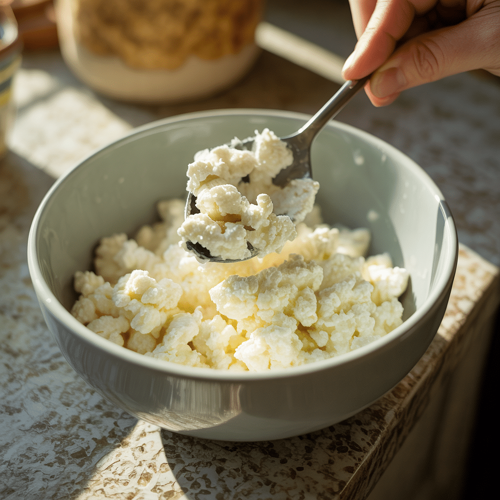 scooping cottage cheese into bowl