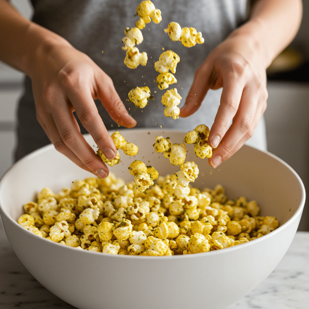 Tossing popcorn with dill pickle seasoning