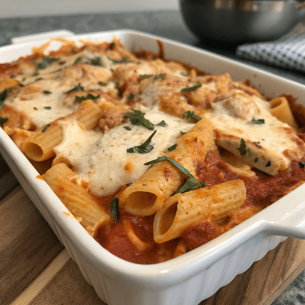 baked ziti with chicken with melted cheese from the oven
