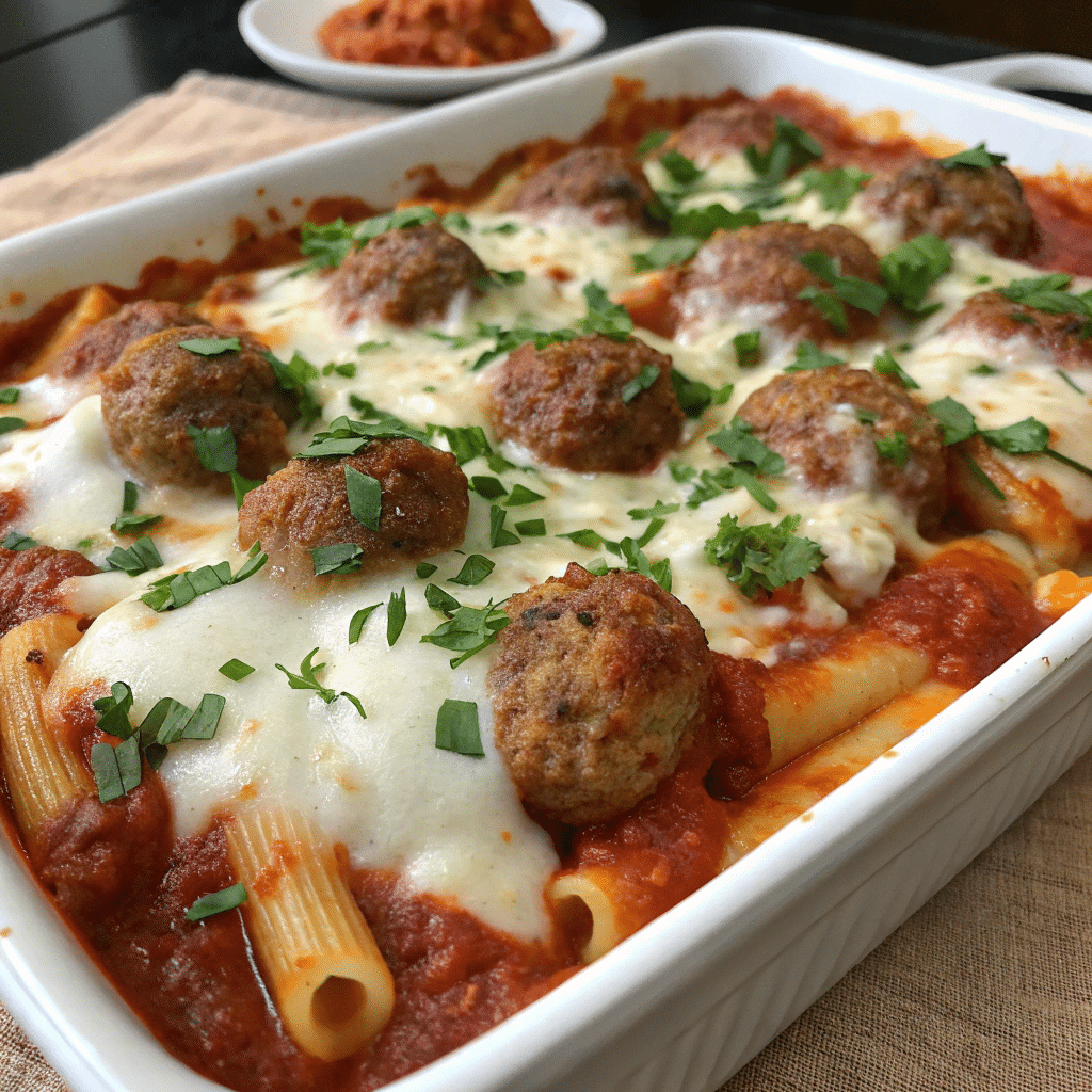 Baked ziti with meatballs from oven