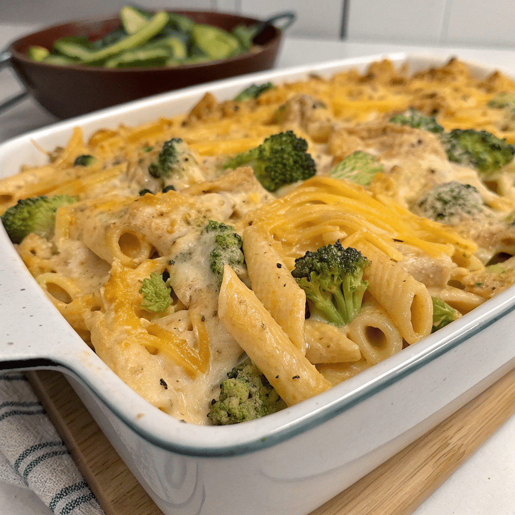 chicken broccoli pasta casserole baked golden with melted cheese