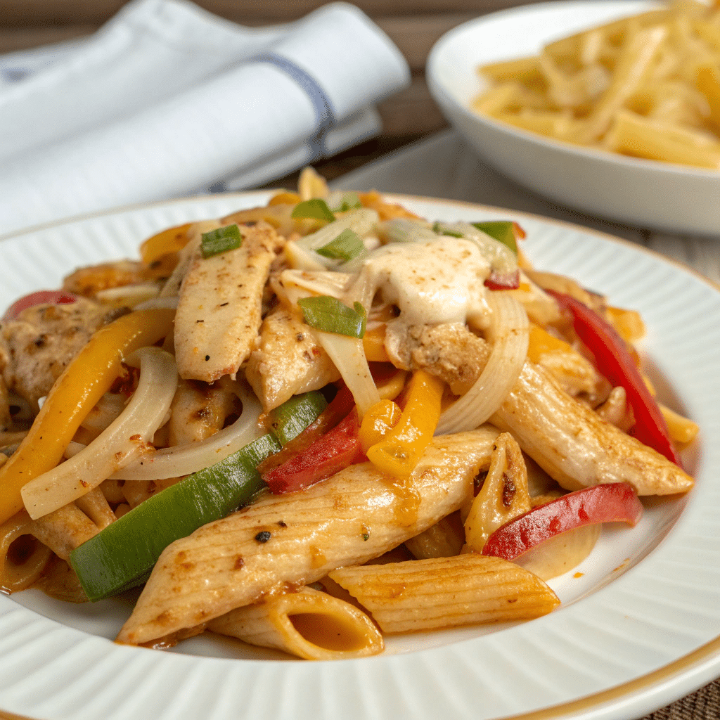 Chicken fajita pasta in white plate with peppers and steam