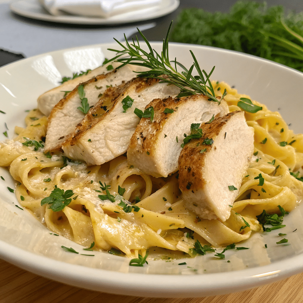 chicken pasta recipe creamy in white plate